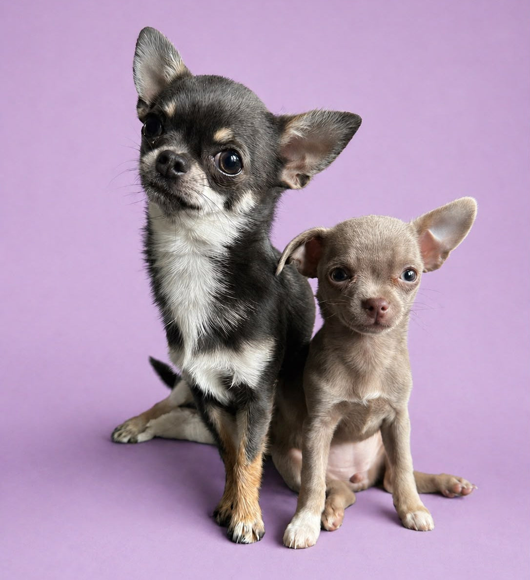 Two small Chihuahua dogs sitting side by side against a solid purple studio background. The dog on the left is black, white, and tan, while the dog on the right is a light fawn color.