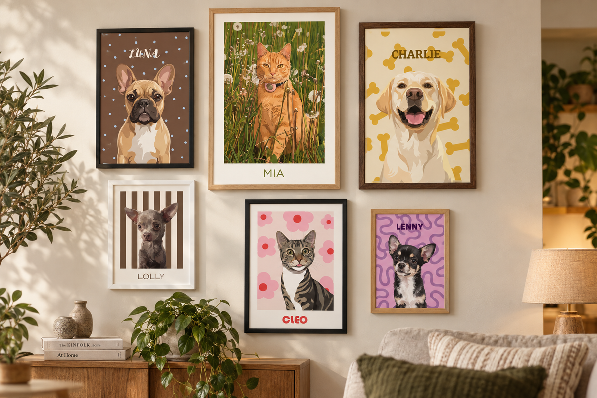 Six framed pet portraits in different colors and styles are displayed on a beige wall in a cozy living room setting with plants, a wooden console table, and a lamp.